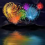 Illustration numérique d'un feu d'artifices sur un lac.