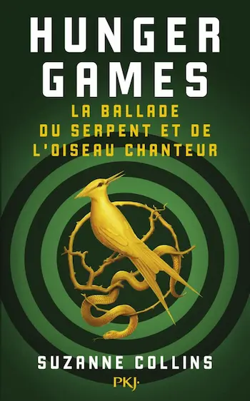 couverture du livre hunger games avec un oiseau et un serpent sur fond vert.