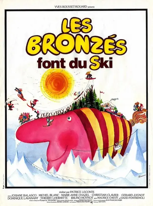 affiche du film sous forme de dessin représentant une grosse créature bigarrée de couleurs qui est supposée être la montagne sur laquelle des bonshommes skient.
