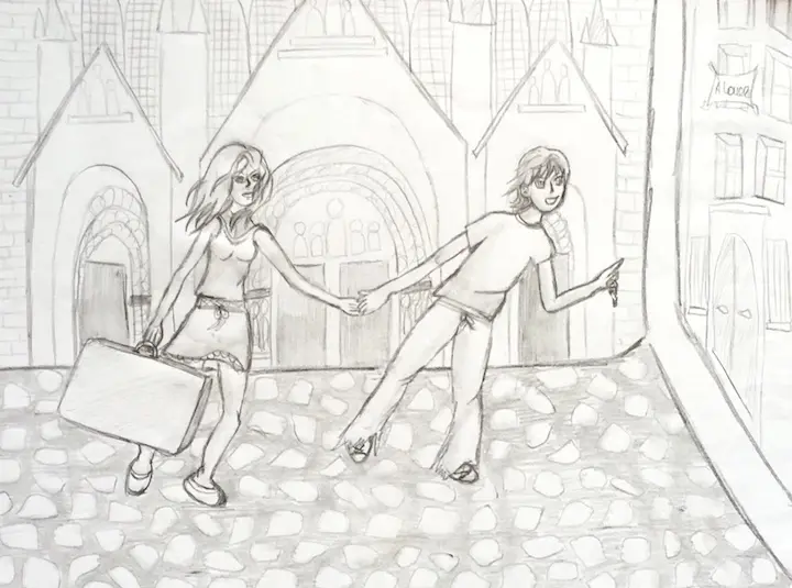 Dessin au crayon d’un couple avec une valise.