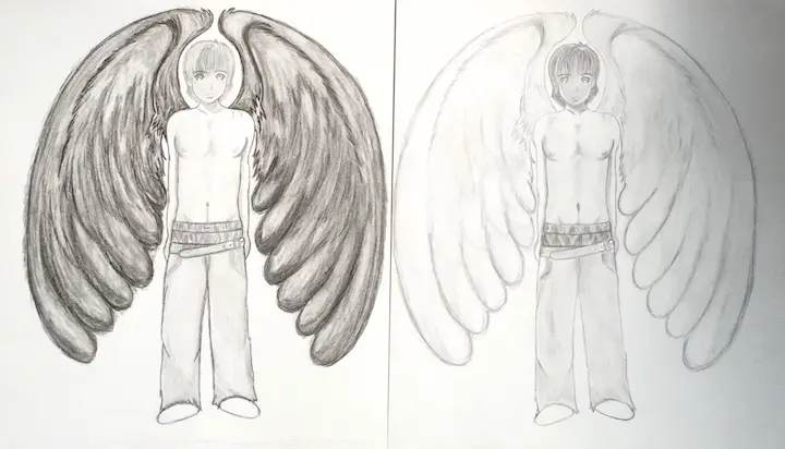 Dessin d’un ange avec côté obscur et côté clair.