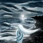 Dessin numérique d'une femme sur la plage la nuit.