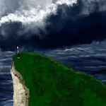 Dessin numérique d'un personnage au bord d'une falaise au crépuscule.