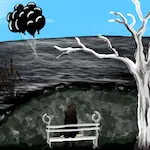 Dessin numérique d'un personnage sur un banc dans un paysage en noir et bleu.