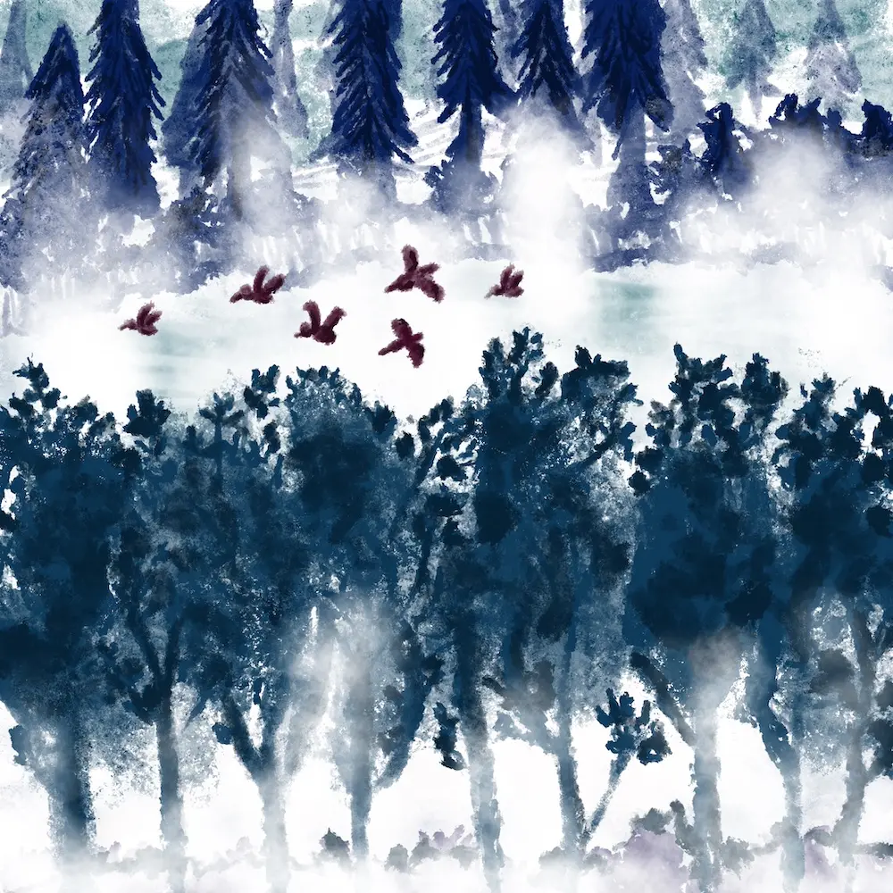 Plan d’eau entouré d’arbres avec brouillard et canards qui volent.