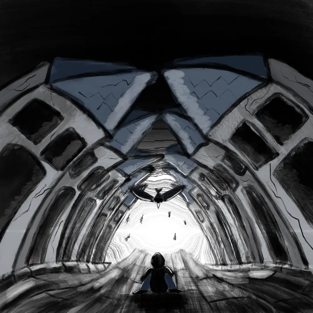 Dessin en noir et blanc d’un personnage accroupi dans une rue, avec toutes les maisons de part et d’autre qui lui tombent dessus.