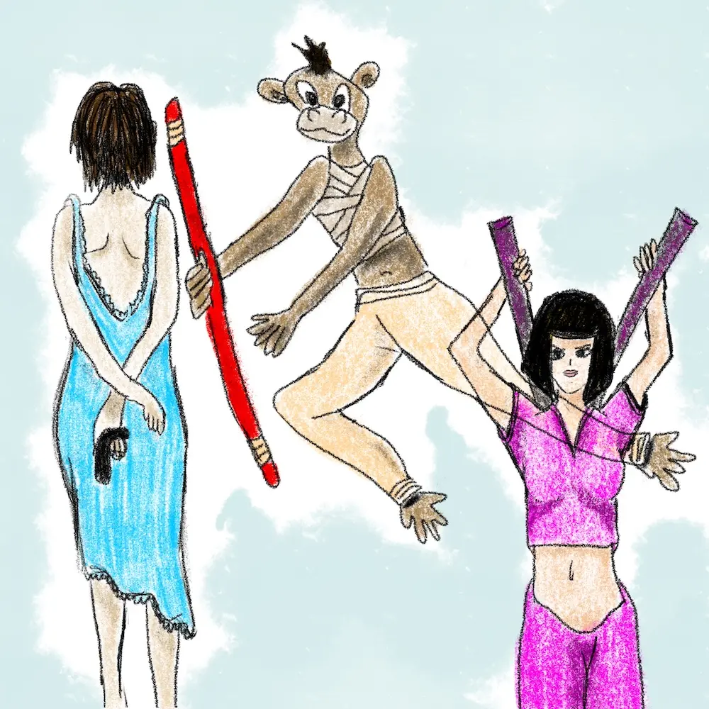Dessin au crayon, avec couleurs, de femmes qui attaquent.
