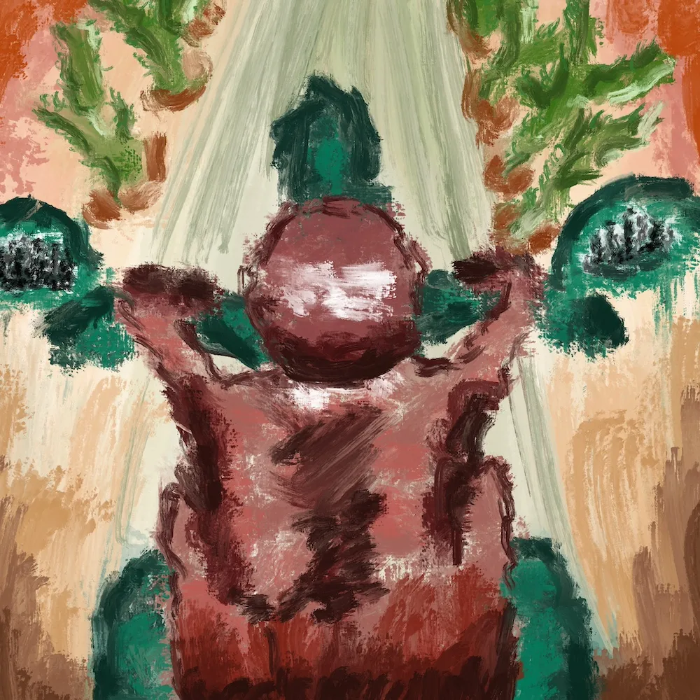 Dessin non réaliste d’un homme à moto qui part sur une route désertique. On voit la ville dans ses rétroviseurs.