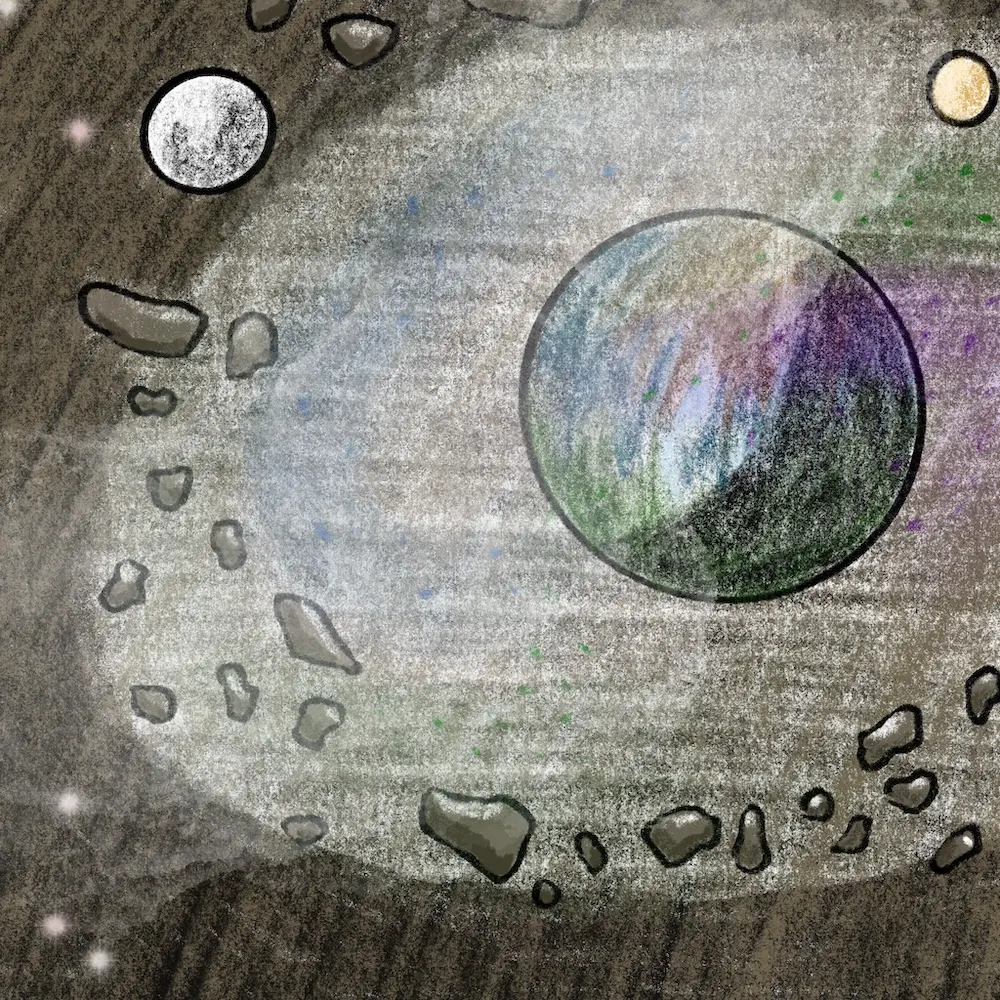 Dessin d’une planète avec ses lunes et une ceinture d’astéroïdes’.