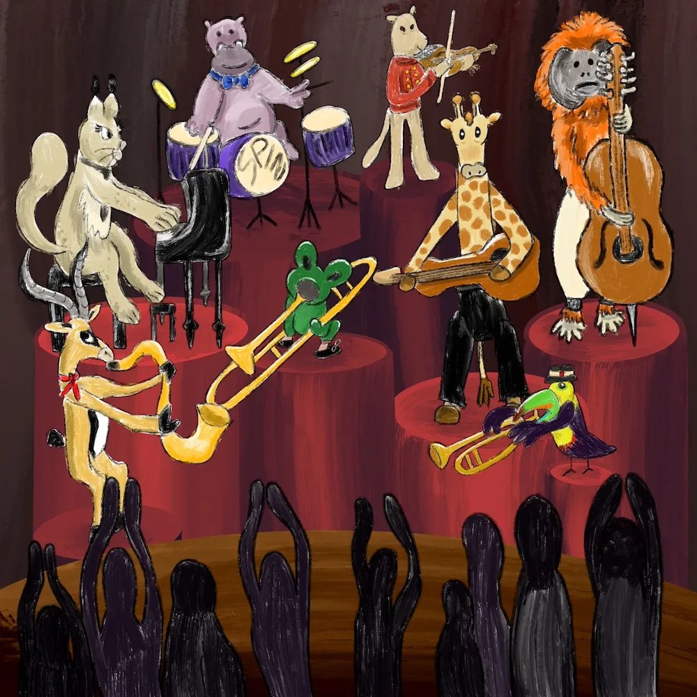 Scène de théâtre avec un groupe de jazz composé d’animaux habillés.