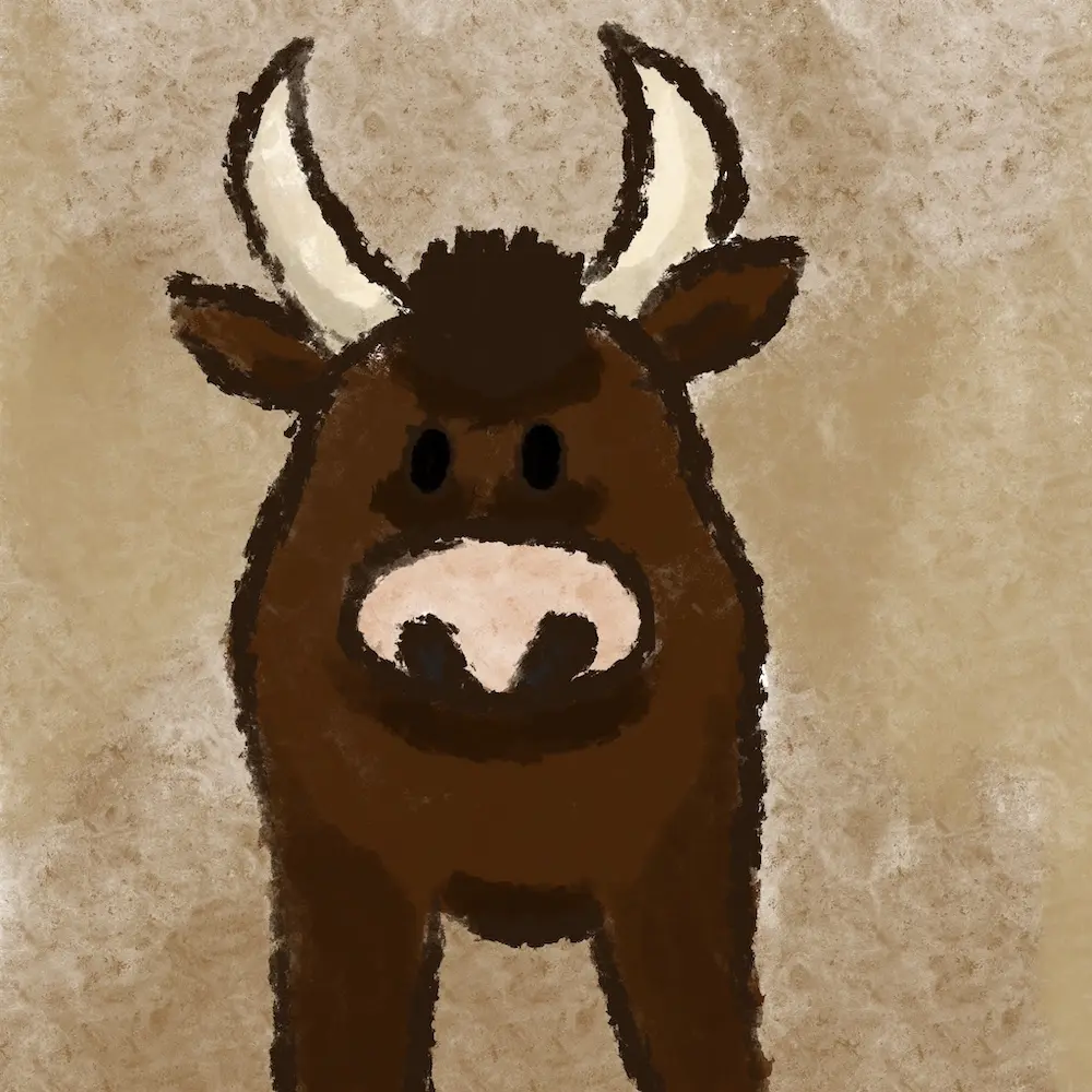 Dessin presque rupestre d’une vache marron à cornes