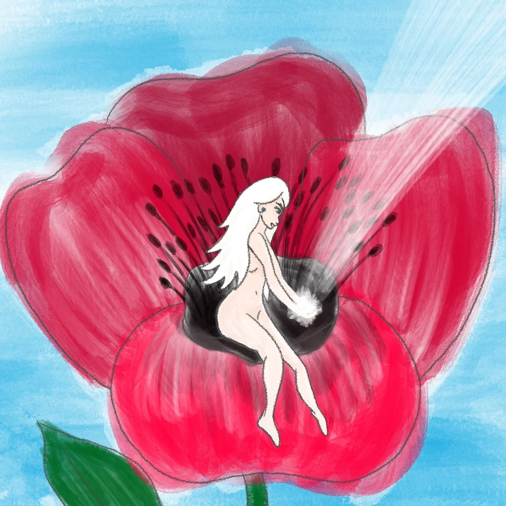 Petite personne assise dans un coquelicot
