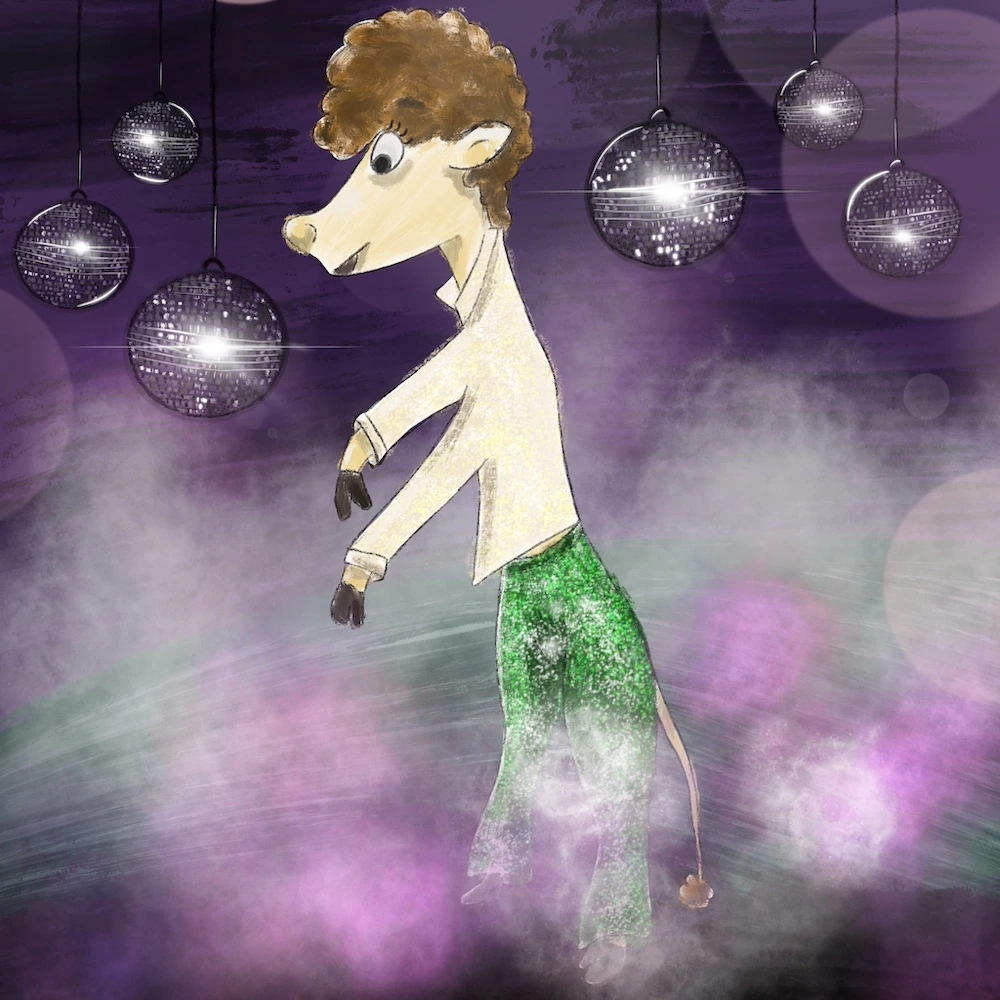 Girafe habillée en disco avec pantalon pâtes d’éléphant et chemise à paillettes.