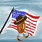 Dessin numérique représentant une pomme de terre cow-boy devant le drapeau des USA.