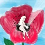 Dessin numérique représentant une femne nue assise dans un coquelicot.