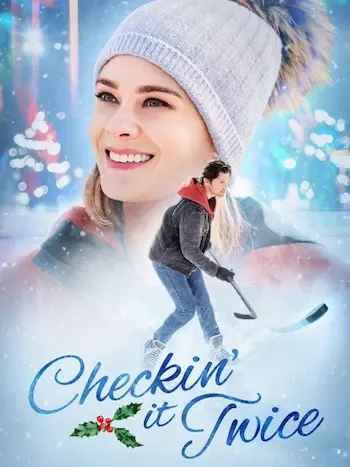 Affiche du film représentant l'héroïne souriante, en gros plan avec un fond enneigé et le héros en petit, devant elle, qui joue au hockey.