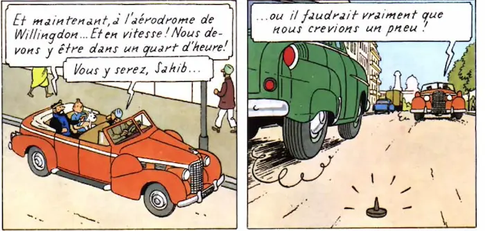 Vignettes de BD Tintin dans lesquelles la voiture se met en route et  on voit une punaise sur la route.