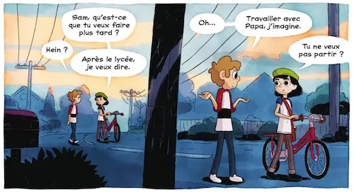 Vignettes montrant la séparation dans une image avec le mouvement des personnage : sur une partie de l'image ils sont petits et loins, après le passage du poteau ils sont au premier plan.