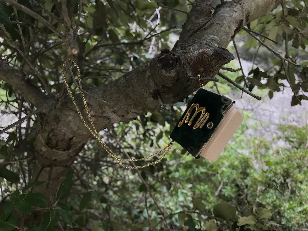 Petit livre accroché dans un arbre.