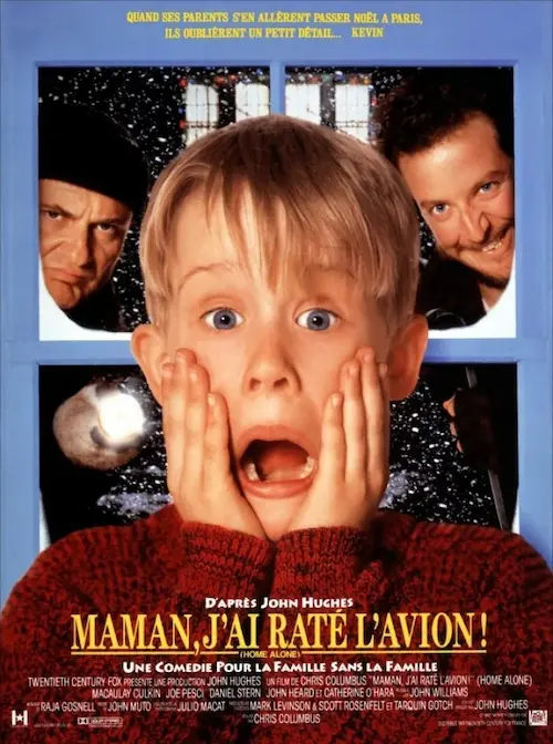 Affiche du film Maman, j'ai raté l'avion représentant l'enfant qui hurle avec les deux mains sur les joues et derrière lui, les cambrioleurs par la fenêtre.