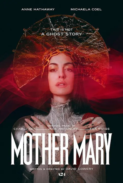 Affiche du film Mother Mary représentant un femme coiffée d'une auréole sophistiquée, les mains sur les épaules, le visage dissimulé par une aura rouge.
