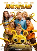 Affiche du film Marsupilami représentant tous les personnages emmelés dans la queue du marsupilami.