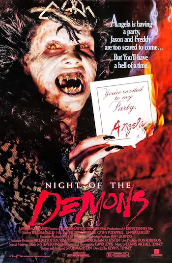 Affiche du film La nuit des démons représentant une femme possédée avec une invitation à la main.