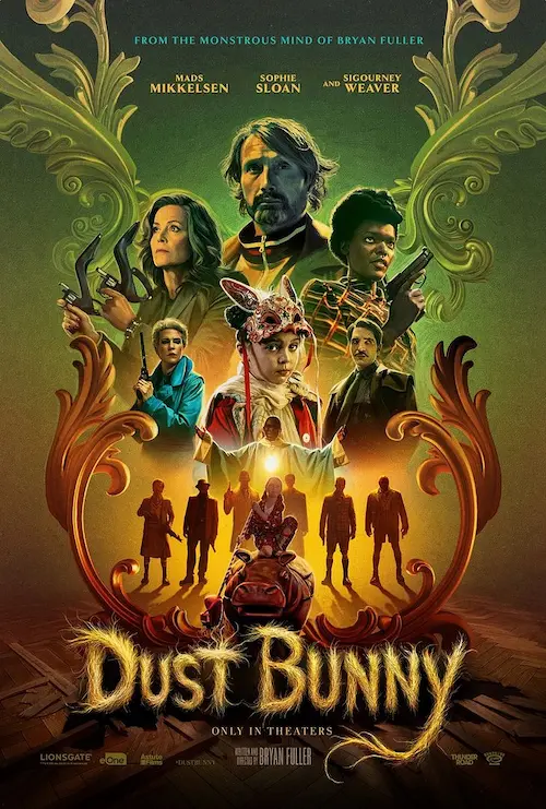 Affiche du film Dust bunny représentant tous les personnages de l’histoire dans une ambiance un peu fantastique.