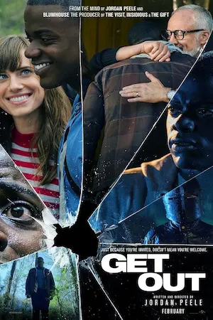 Affiche du film Get out sur laquelle un patchwork de photos, séparées comme sur du verre brisé, montrent des éléments de la vie d'un personnage.