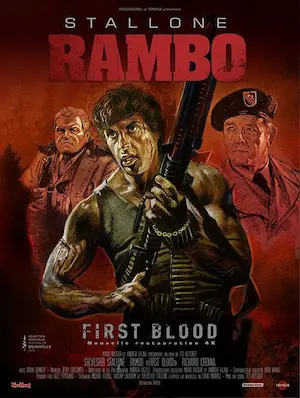 Affiche du film Rambo 1 représentant un dessin de Sylvester Stallone qui tient une arme automatique, avec ses antagonistes derrière lui.