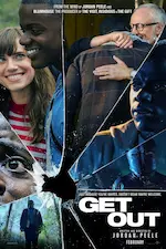 Affiche du film Get out sur laquelle un patchwork de photos, séparées comme sur du verre brisé, montrent des éléments de la vie d'un personnage.