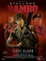Affiche du film Rambo 1 représentant un dessin de Sylvester Stallone qui tient une arme automatique, avec ses antagonistes derrière lui.